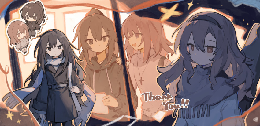2girls, :d, absurdres, black_coat, black_eyes, black_hair, black_hairband, black_hoodie, bright_pupils, brown_hair, chibi, closed_mouth, coat, cross, cross_necklace, double-parted_bangs, drawstring, grey_scarf, hair_between_eyes, hairband, haiyan_limeng, highres, hood, hood_down, hoodie, jewelry, long_hair, long_sleeves, multiple_girls, multiple_views, necklace, open_mouth, original, ponytail, red_eyes, scarf, shirt, smile, thank_you, upper_body, white_shirt