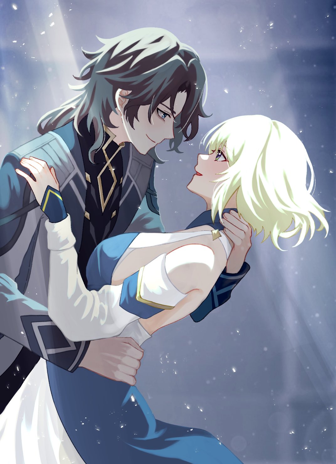 1boy, 1girl, arched_back, bags_under_eyes, black_shirt, blonde_hair, blue_dress, blue_eyes, blue_sleeves, breasts, closed_mouth, coat, couple, curtained_hair, detached_sleeves, dress, fingernails, genshin_impact, green_eyes, grey_coat, grey_hair, hair_intakes, hand_on_another's_back, hand_on_another's_nape, hand_on_another's_shoulder, hetero, highres, large_breasts, layered_dress, leaning_back, long_sleeves, looking_at_another, open_clothes, open_coat, open_mouth, rerir_(genshin_impact), shirt, sideboob, sideways_mouth, smile, tholindis_(genshin_impact), tsurime, ubeesun, white_dress, white_sleeves