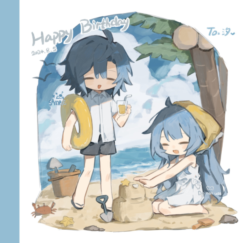 :d, ahoge, bare_arms, bare_shoulders, beach, black_sandals, black_shorts, blue_hair