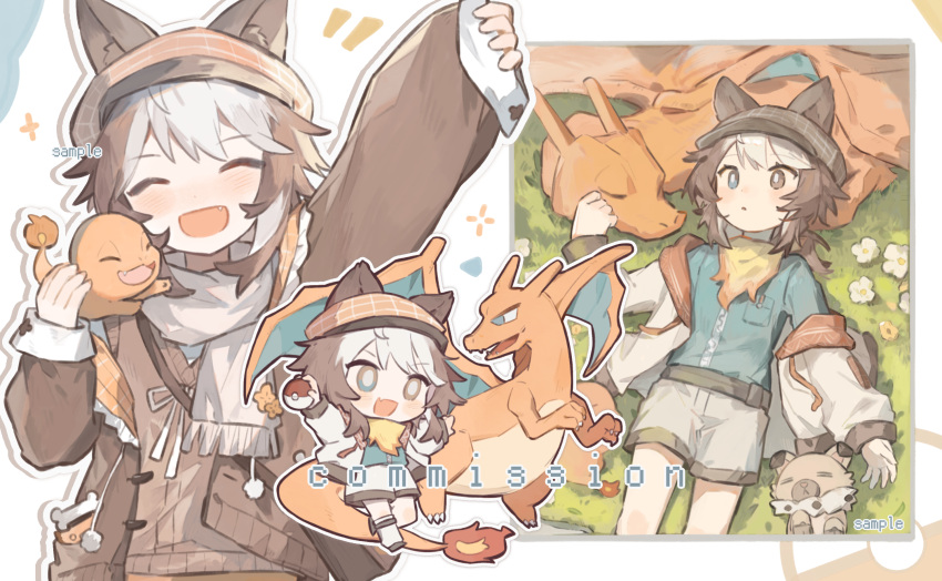 1boy, :d, ^_^, animal_ears, arm_up, blue_eyes, blue_shirt, blush