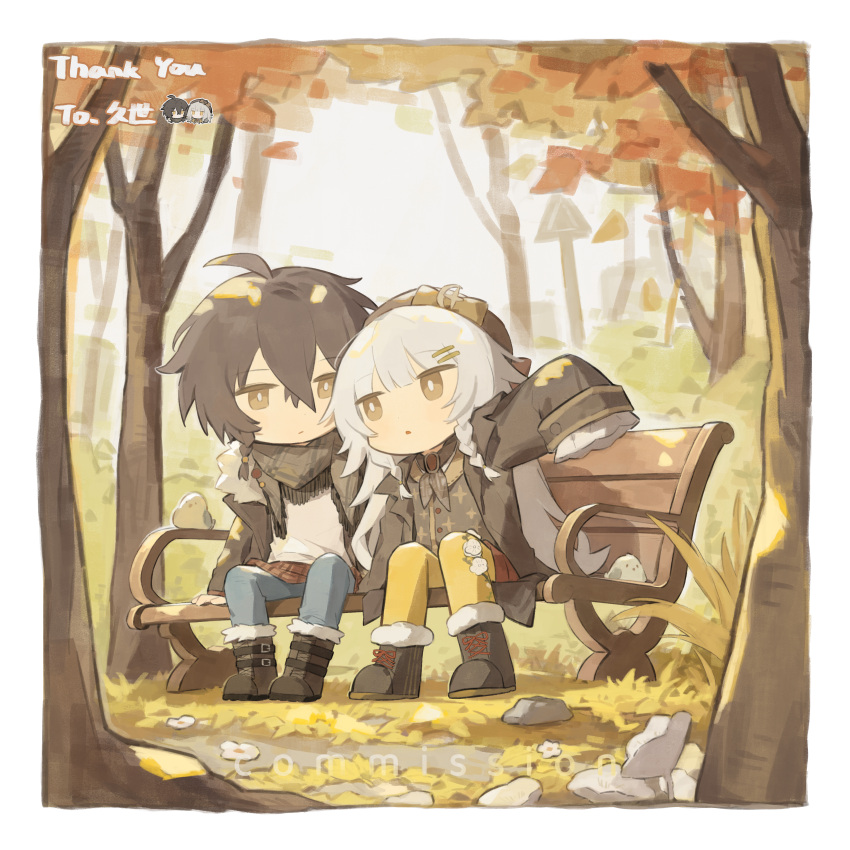 1boy, 1girl, absurdres, ahoge, bench, black_boots, blue_pants, blunt_bangs