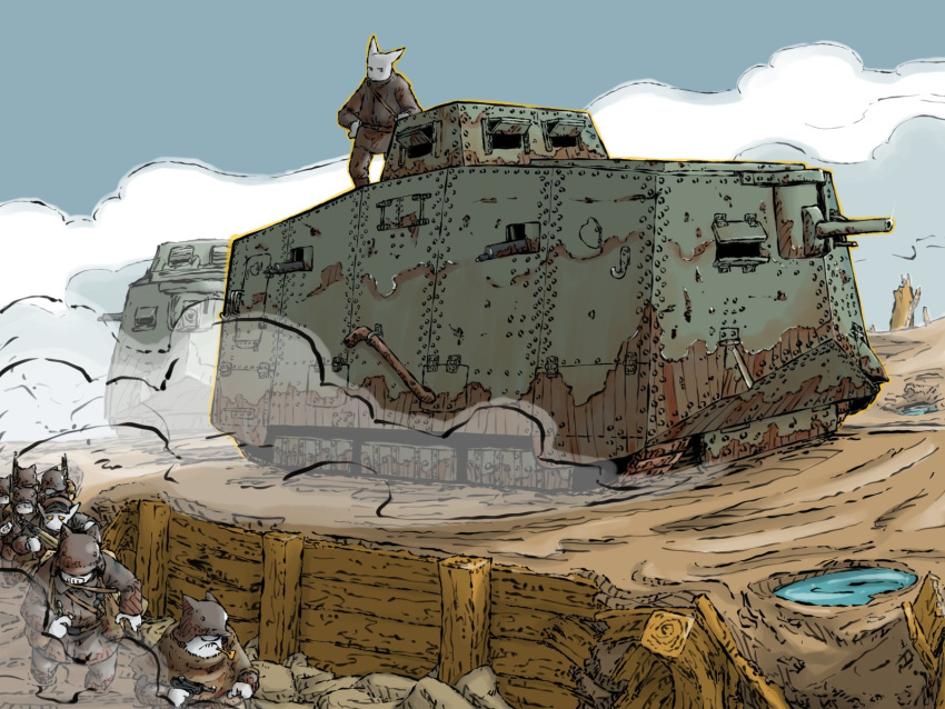 6+boys, a7v_(tank), cannon, caterpillar_tracks, combat_helmet, helmet, highres, military_vehicle