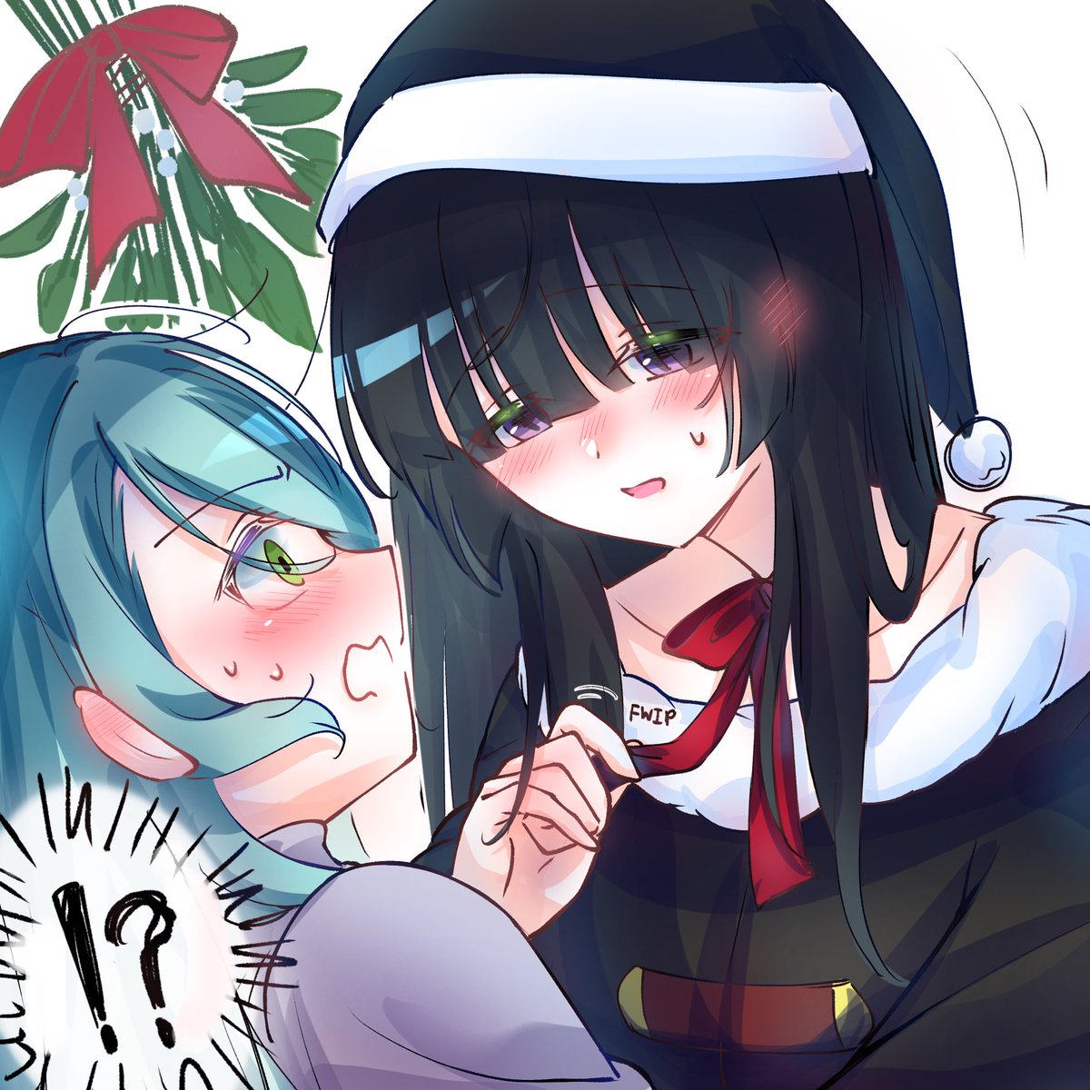 !?, 2girls, aqua_hair, bang_dream!, black_coat, black_hair, black_hat, blush