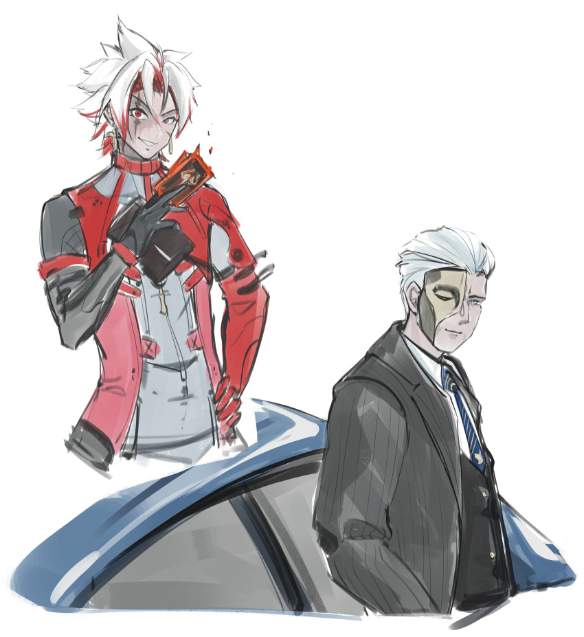 2boys, absurdres, black_jacket, black_vest, blue_necktie, business_suit, car, card