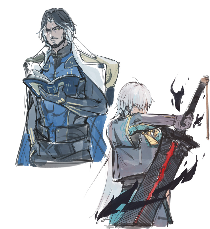 2boys, absurdres, black_gloves, black_shirt, blue_shirt, book, commentary, eggmam_2000