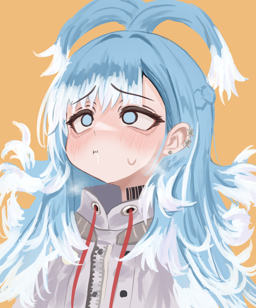 1girl, absurdres, blue_eyes, blue_hair, blush, colored_tips, cropped_hoodie, earrings