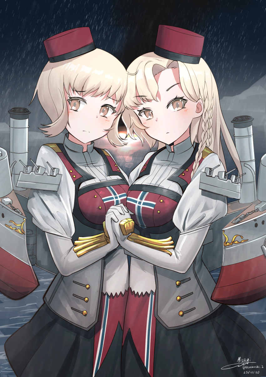 2girls, absurdres, asymmetrical_hair, black_skirt, blonde_hair, braid, eidsvold_(kancolle), gloves, hat, highres, holding_hands, kantai_collection, long_hair, looking_at_viewer, multiple_girls, norge_(kancolle), rain, red_hat, rigging, short_hair, skirt, smokestack, standing, teisei_misagi, white_gloves