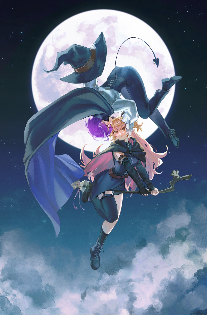 2girls, absurdres, alternate_costume, black_boots, black_cape, black_dress, black_pants, black_thighhighs, blonde_hair, boots, broom, broom_riding, cape, clouds, cloudy_sky, commentary, demon_tail, dress, english_commentary, floating, floating_cape, flying, full_body, full_moon, gradient_hair, green_eyes, halloween, hand_on_another's_face, hat, heart, heart_tail, highres, holding, holding_unworn_clothes, holding_unworn_hat, hololive, legzy, long_hair, looking_at_another, momosuzu_nene, moon, multicolored_hair, multiple_girls, night, outdoors, pants, piercing, pink_hair, purple_hair, shirt, short_hair, sky, sleeveless, sleeveless_dress, star_(sky), tail, tail_ornament, tail_piercing, thigh-highs, tokoyami_towa, two_side_up, unworn_hat, unworn_headwear, upside-down, virtual_youtuber, waist_cincher, white_shirt, witch, yuri