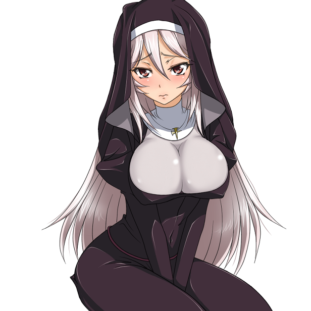 between_legs, blush, breasts, cross, df, habit, jewelry, large_breasts, long_hair, necklace, nun, queen's_blade, queen's_blade, red_eyes, silver_hair, solo