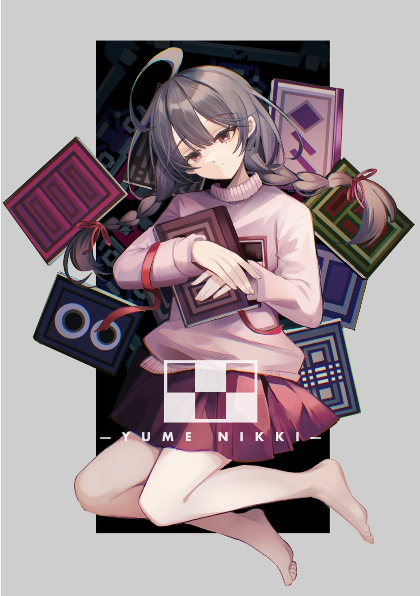 1girl, ahoge, barefoot, book, braid, closed_mouth, copyright_name, expressionless