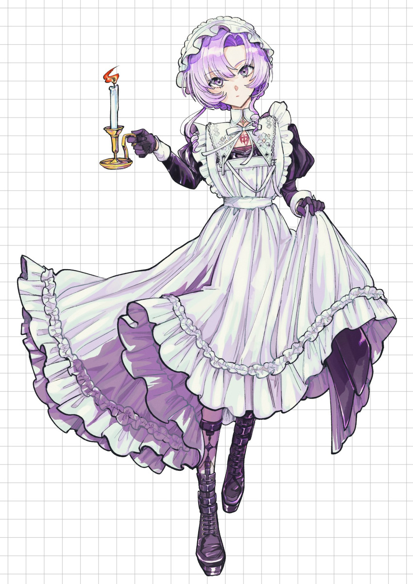 1girl, apron, black_boots, black_dress, black_gloves, boots, candlestand, chest_tattoo, dress, full_body, gloves, grid_background, hands_up, highres, holding_candlestand, hyakumantenbara_salome, hyakumantenbara_salome_(4th_costume), juliet_sleeves, long_sleeves, looking_at_viewer, maid, maid_apron, maid_headdress, nijisanji, puffy_sleeves, purple_hair, short_hair, solo, tattoo, tsudzumiya_mare, violet_eyes, virtual_youtuber
