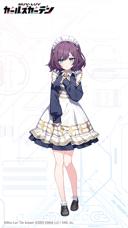 1girl, 2025, apple_caramel, aqua_eyes, black_shoes, breasts, closed_mouth, clothes_grab, copyright_logo, copyright_name, copyright_notice, kate_fournier, logo, maid, maid_headdress, medium_hair, muv-luv, muv-luv_girls_garden, official_art, purple_hair, shoes, socks, solo, white_socks