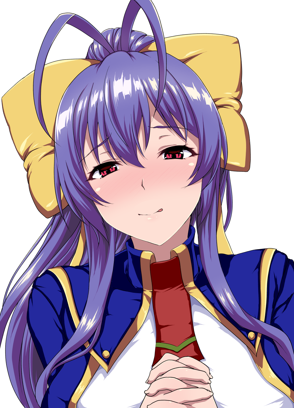 1girl, antenna_hair, blazblue, blazblue:_central_fiction, blazblue_remix_heart, blazer, blue_hair, blush