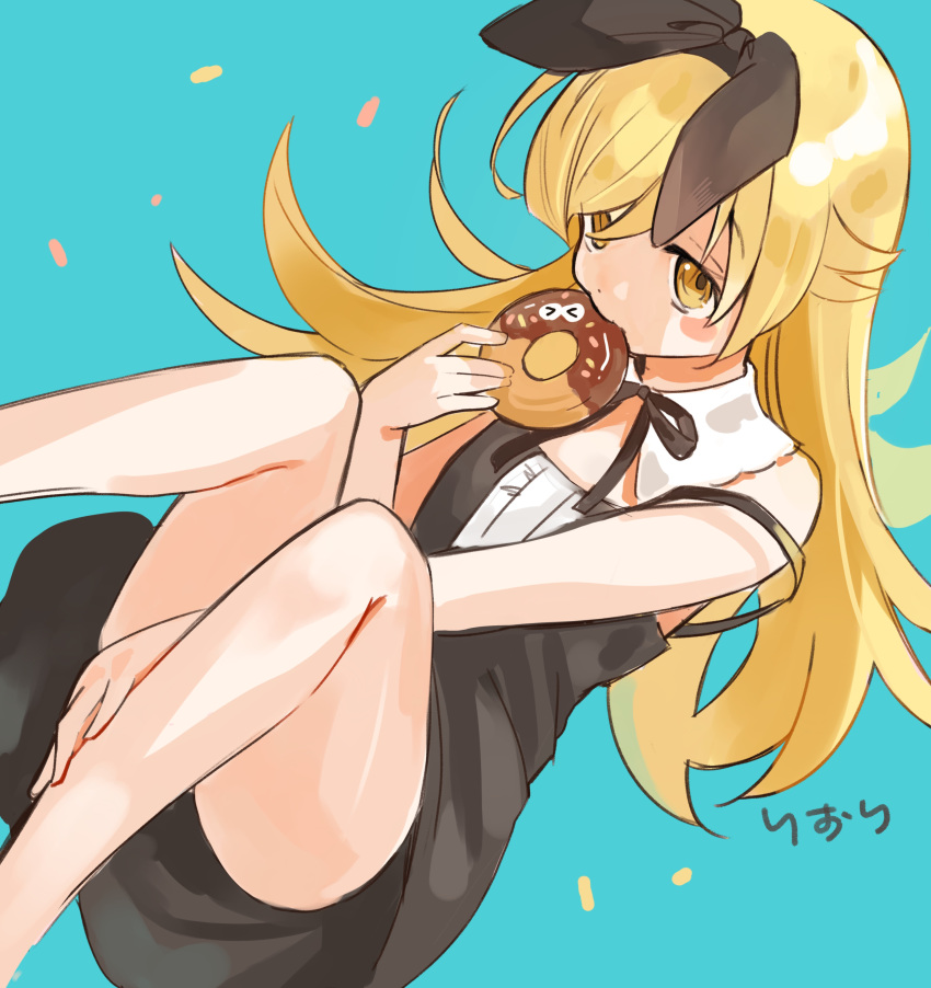 1girl, absurdres, bare_arms, black_bow, black_dress, black_ribbon, blonde_hair, blush_stickers
