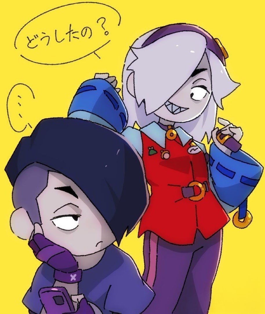 1boy, 1girl, annabird2520, black_hair, brawl_stars, colette_(brawl_stars), edgar_(brawl_stars), fingerless_gloves