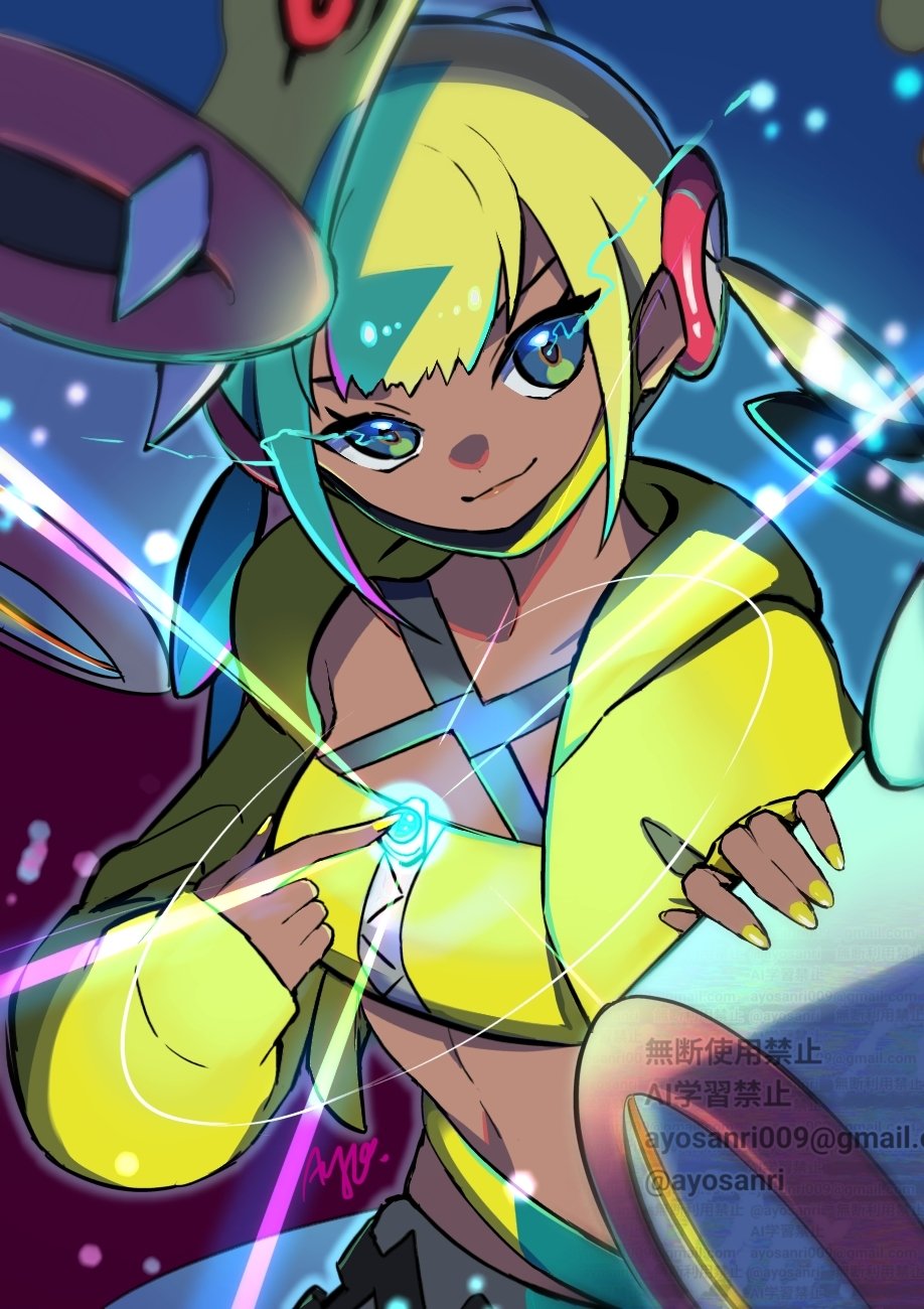 1girl, aqua_hair, ayo_(ayosanri009), bandeau, black_eyes, black_mask, blonde_hair, blue_skin