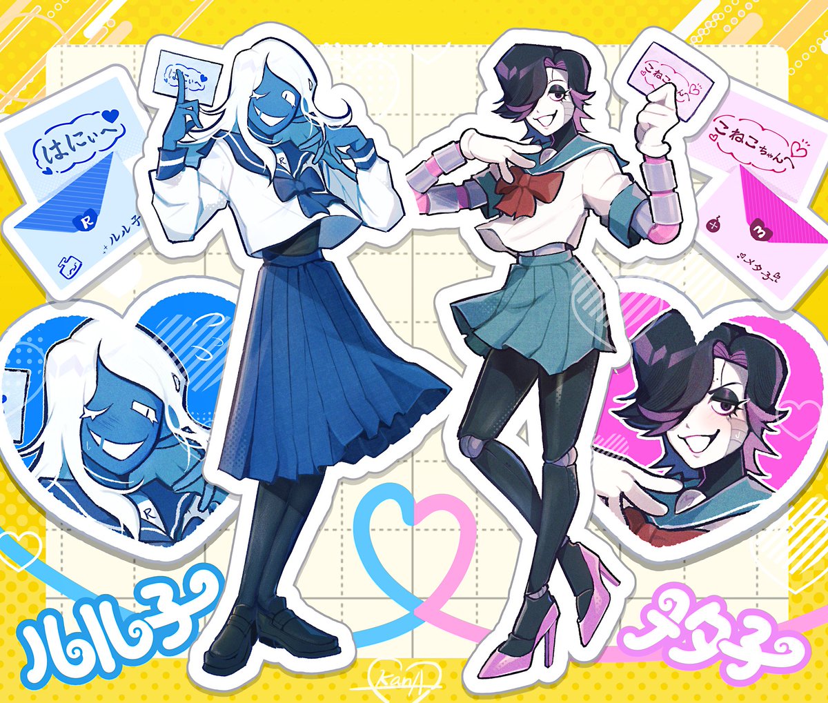 2boys, black_eyes, black_hair, black_pantyhose, black_shoes, blue_bow, blue_sailor_collar, blue_skirt, bow, clothed_robot, commentary, crossdressing, crossdressing_(mtf), deltarune, gloves, green_sailor_collar, green_skirt, hands_up, heart, high_heels, holding, holding_letter, humanoid_robot, kana_(kanaice), letter, long_skirt, male_focus, mechanical_arms, medium_hair, mettaton, mettaton_ex, multiple_boys, one_eye_closed, pantyhose, pink_shoes, pleated_skirt, red_bow, robot, rouxls_kaard, sailor_collar, school_uniform, shirt, shoes, signature, skirt, smile, symbol-only_commentary, undertale, utdr_(toby_fox), white_gloves, white_hair, white_shirt