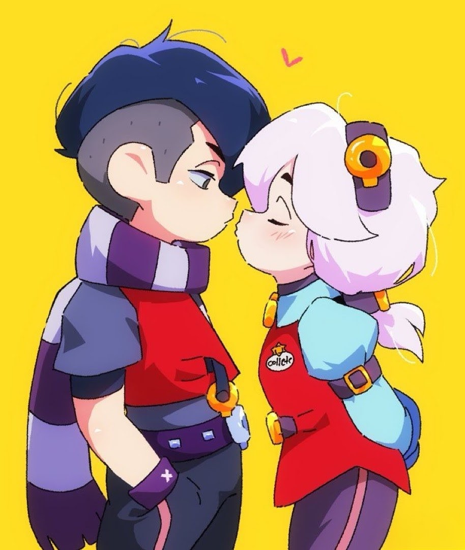 1boy, 1girl, annabird2520, arms_behind_back, black_hair, blush, brawl_stars, closed_eyes, colette_(brawl_stars), couple, edgar_(brawl_stars), hands_in_pockets, heart, imminent_kiss, juliet_sleeves, long_sleeves, non-web_source, puffy_sleeves, scarf, striped_clothes, striped_scarf, undercut, vest, white_hair, yellow_background