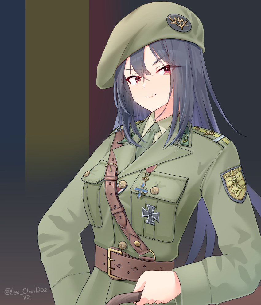 1girl, absurdres, belt, beret, blue_hair, breast_pocket, brown_belt, collar_tabs