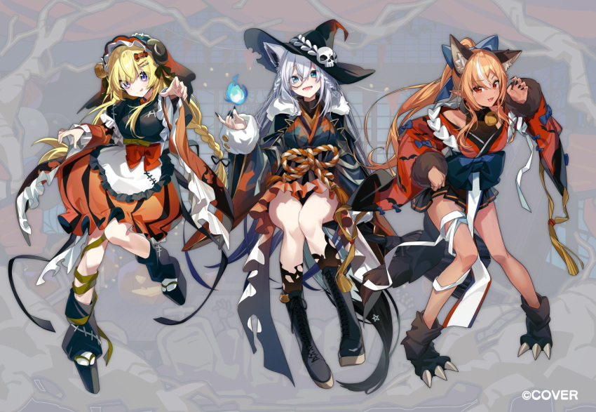 3girls, alternate_costume, animal_ears, aqua_eyes, bakatare_(hololive), blonde_hair, copyright_name, double-parted_bangs