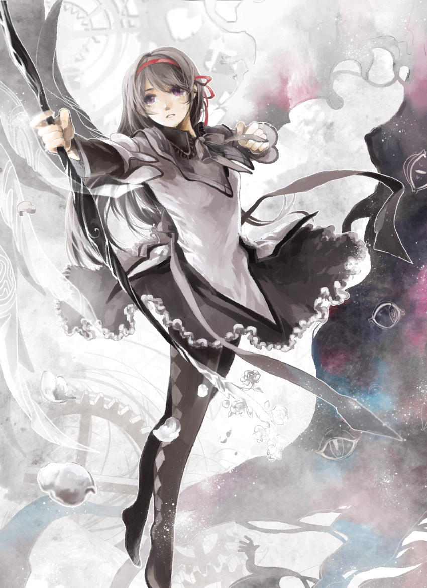 akemi_homura, aocean, argyle, argyle_legwear, black_eyes, black_hair, bow_(weapon), gears, highres, long_hair, mahou_shoujo_madoka_magica, pantyhose, ribbon, solo, weapon