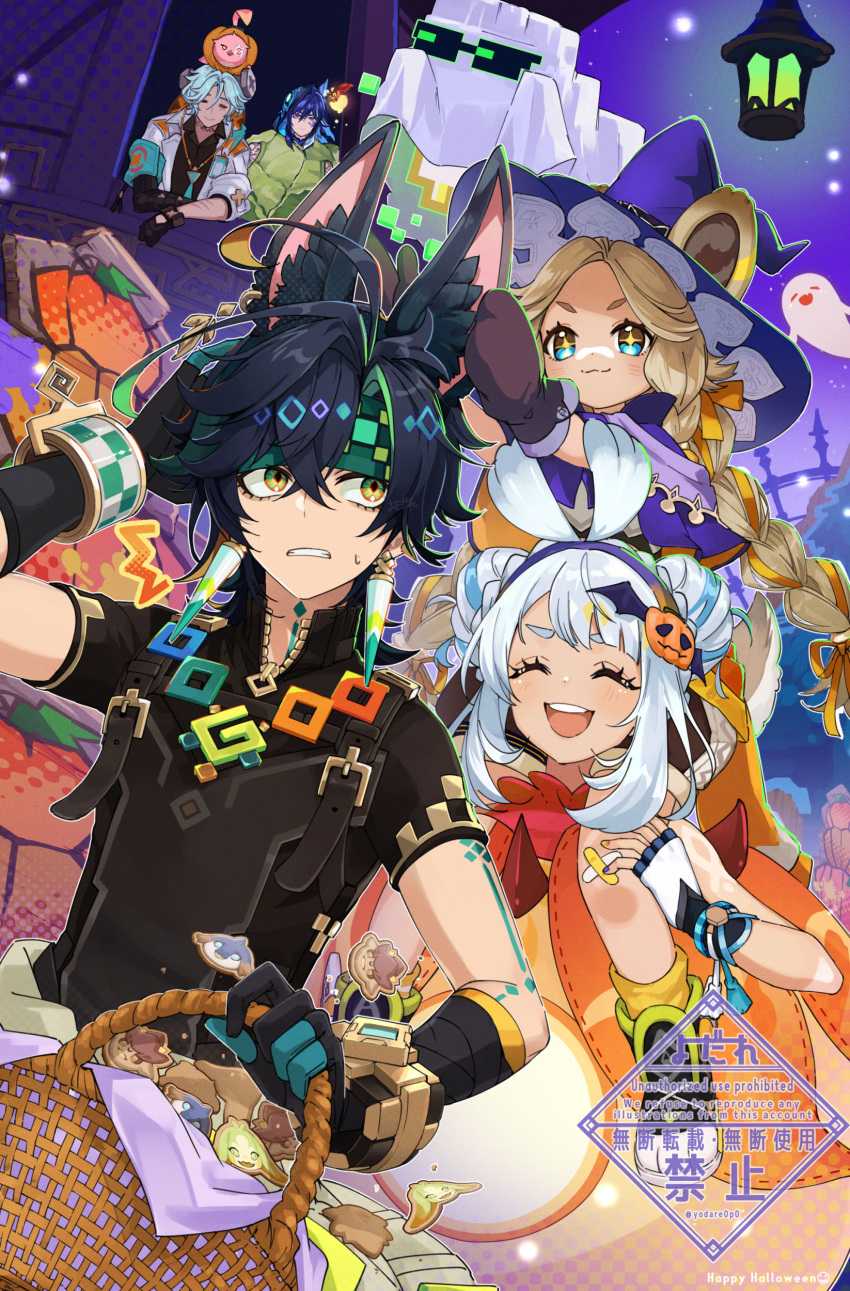 +_+, 2girls, 3boys, absurdres, ajaw_(genshin_impact), animal_ear_fluff, animal_ears, arm_tattoo