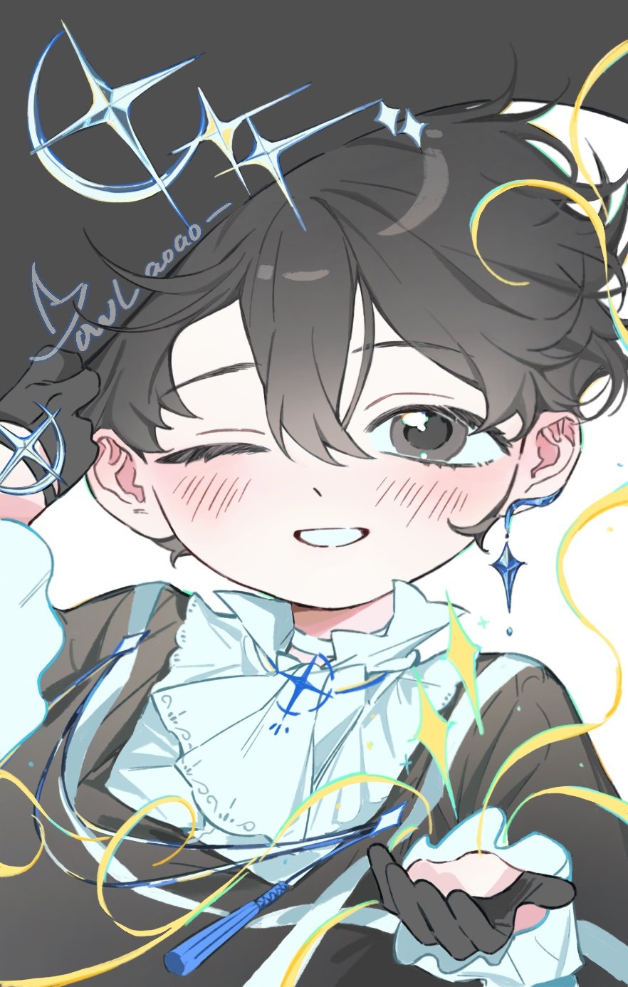 1boy, ;d, alternate_costume, black_eyes, black_gloves, black_hair, black_shirt, child