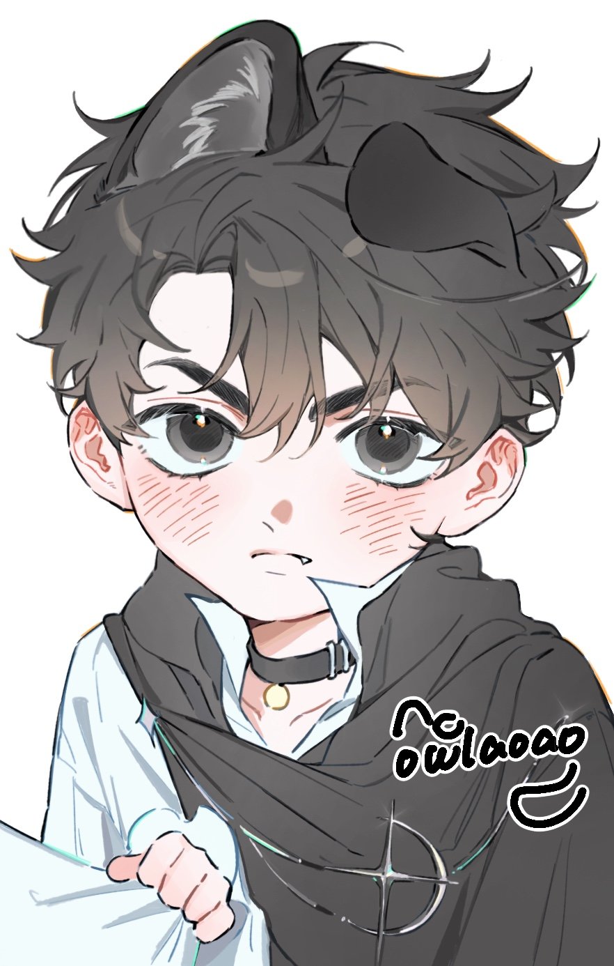 >:(, 1boy, animal_ears, black_eyes, black_robe, child, clothes_grab, collar