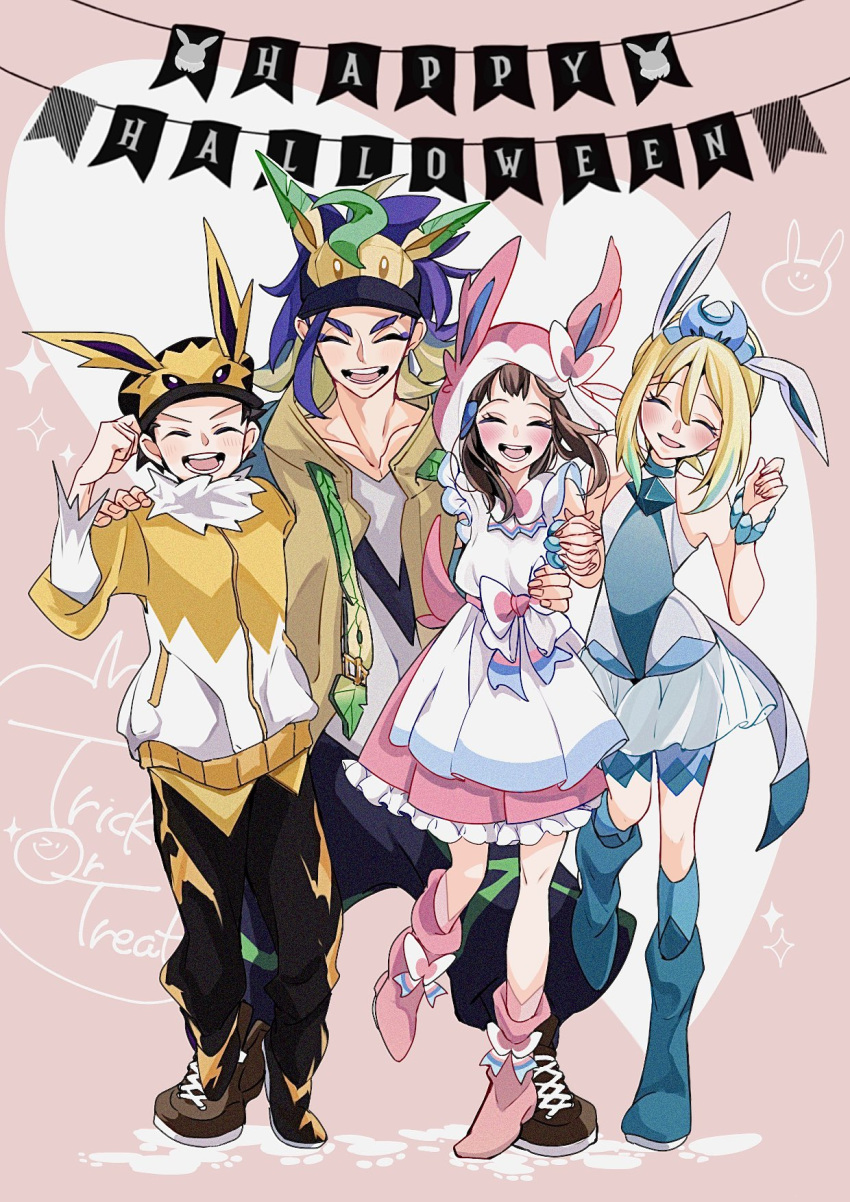 2boys, 2girls, adaman_(pokemon), akari_(pokemon), alternate_costume, animal_ears, black_hair, black_pants