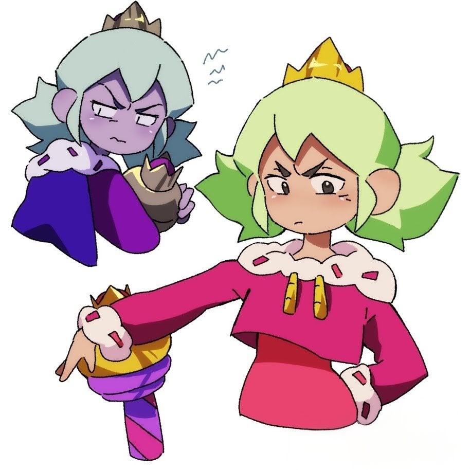 1girl, annabird2520, brawl_stars, cape, closed_mouth, colored_skin, cropped_torso, crown, drawstring, dress, frown, green_hair, holding, holding_staff, long_sleeves, mandy_(brawl_stars), multiple_views, non-web_source, pink_dress, pink_shirt, purple_cape, purple_skin, scepter, shirt, staff, twintails, upper_body, v-shaped_eyebrows, white_background