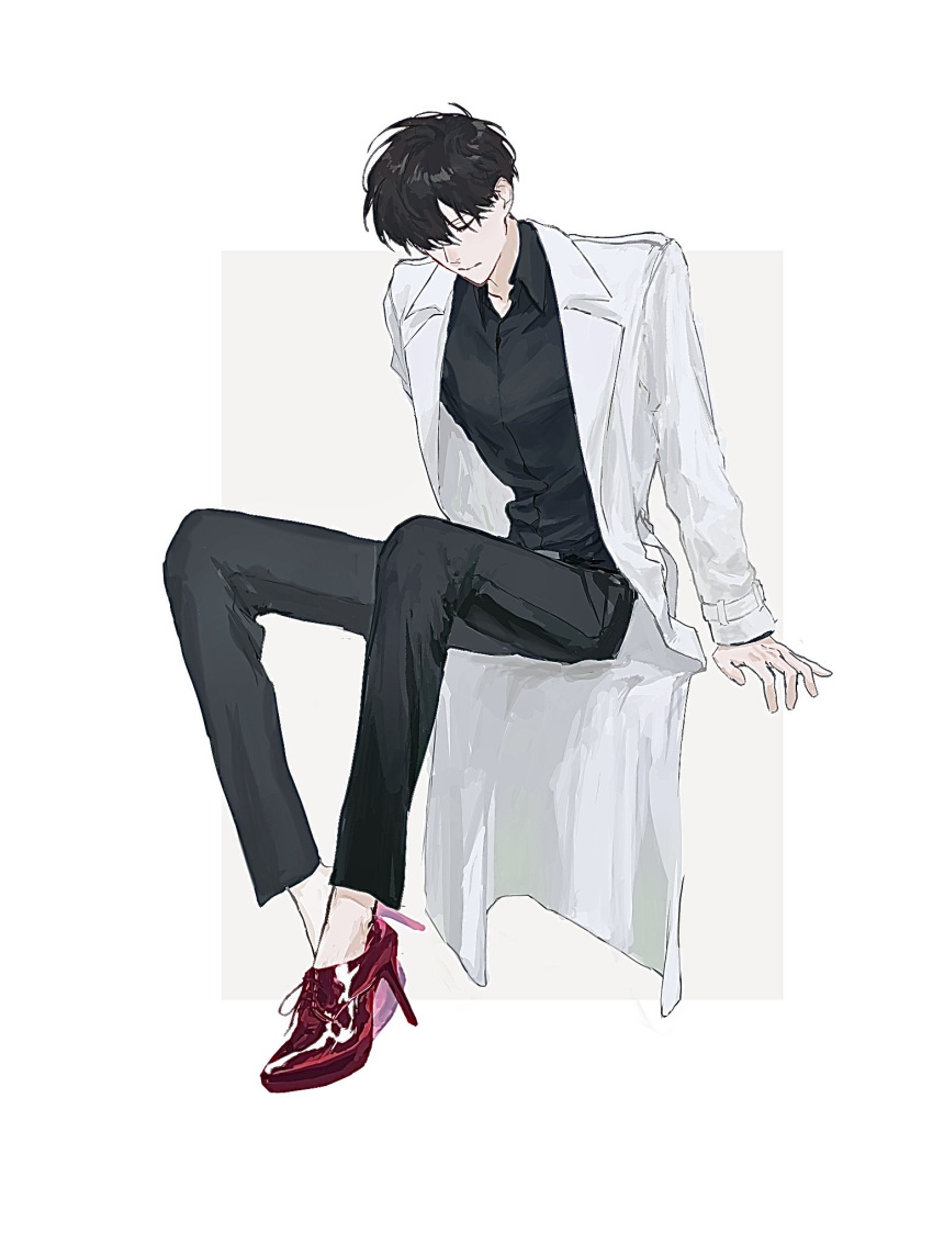 1boy, black_hair, black_shirt, closed_eyes, coat, collared_shirt, full_body, glass_heels