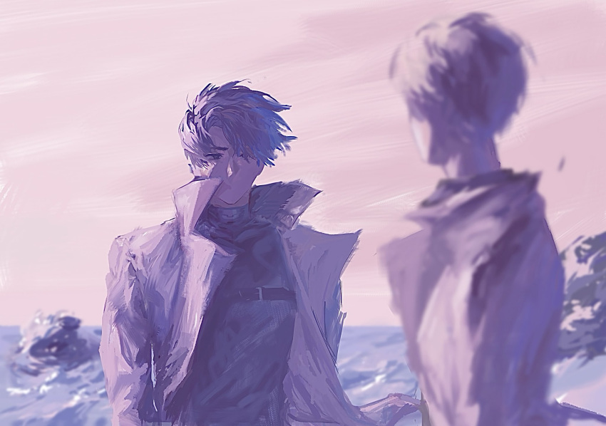 2boys, black_coat, black_eyes, black_hair, black_shirt, blurry, blurry_foreground, bush