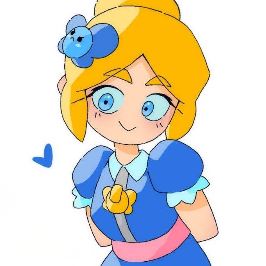 1girl, :>, annabird2520, arms_behind_back, blonde_hair, blue_dress, blue_eyes, brawl_stars