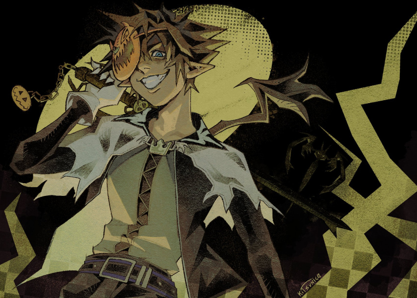 1boy, arm_up, belt, belt_buckle, ben-day_dots, black_belt, black_pants, blue_eyes