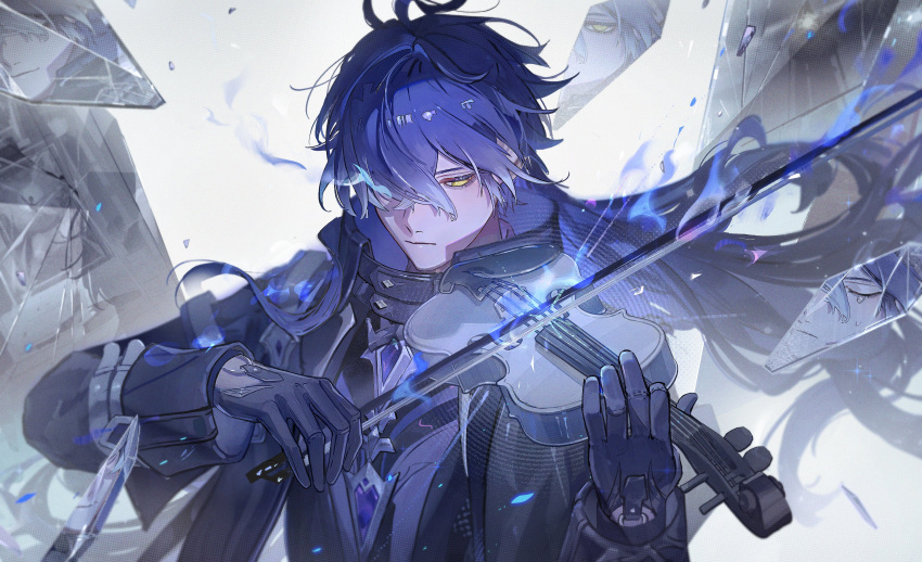 1boy, absurdres, aji_11300913, black_gloves, bow_(music), expressionless, flins_(genshin_impact), genshin_impact, glass_shards, gloves, highres, holding, holding_instrument, holding_violin, instrument, multicolored_hair, shards, teardrop, tears, violin, white_background, yellow_eyes