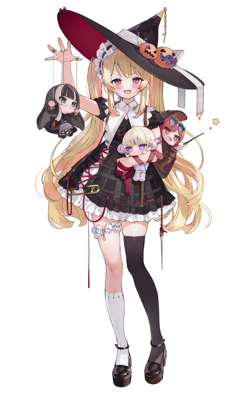 1girl, absurdres, asymmetrical_legwear, black_shoes, black_thighhighs, blonde_hair, blush, brown_bag