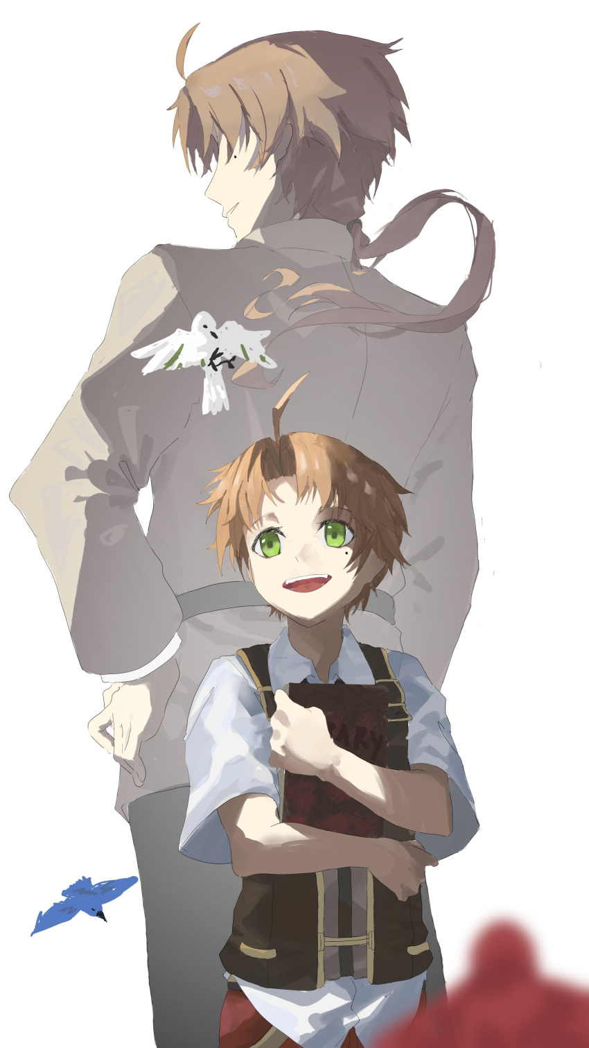 1boy, absurdres, aged_up, ahoge, bird, blue_bird, book, brown_hair