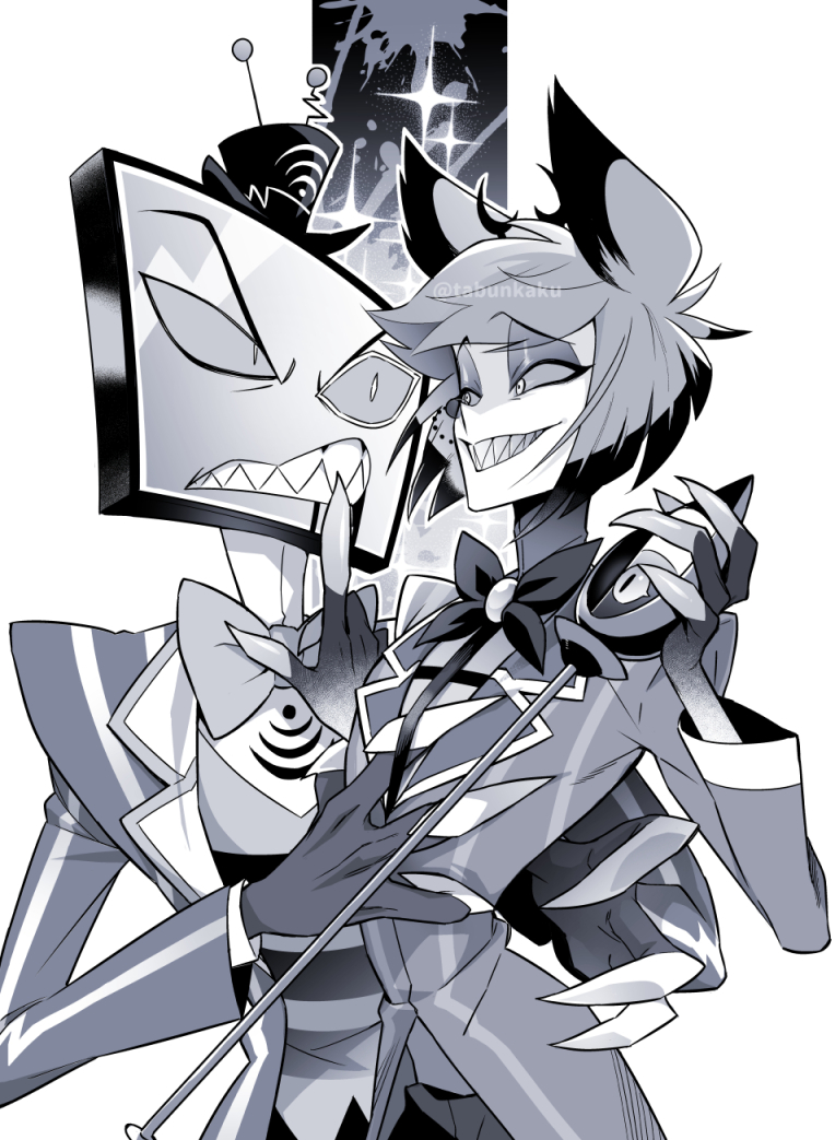 2boys, alastor_(hazbin_hotel), animal_ears, antlers, arm_behind_another's_back, blood, blood_from_mouth, bow
