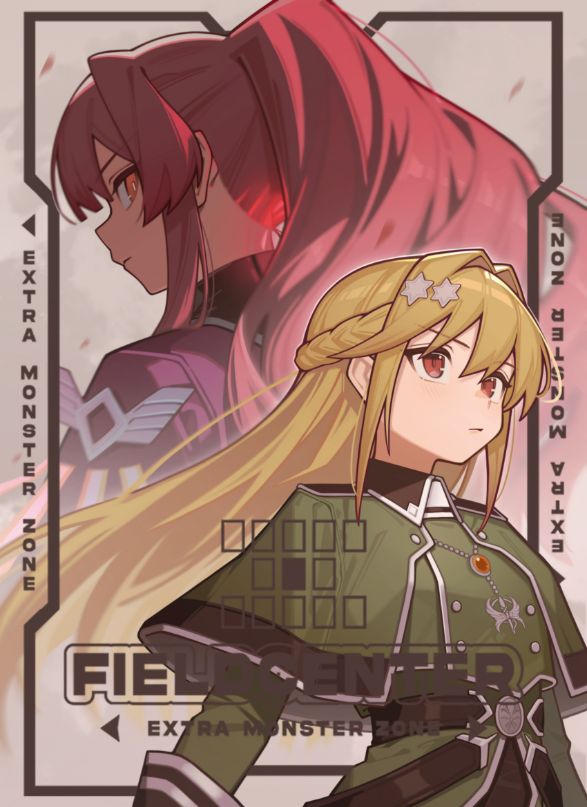 2girls, absurdres, closed_mouth, duel_monster, exosister_elis, exosister_martha, hair_between_eyes, hair_ornament