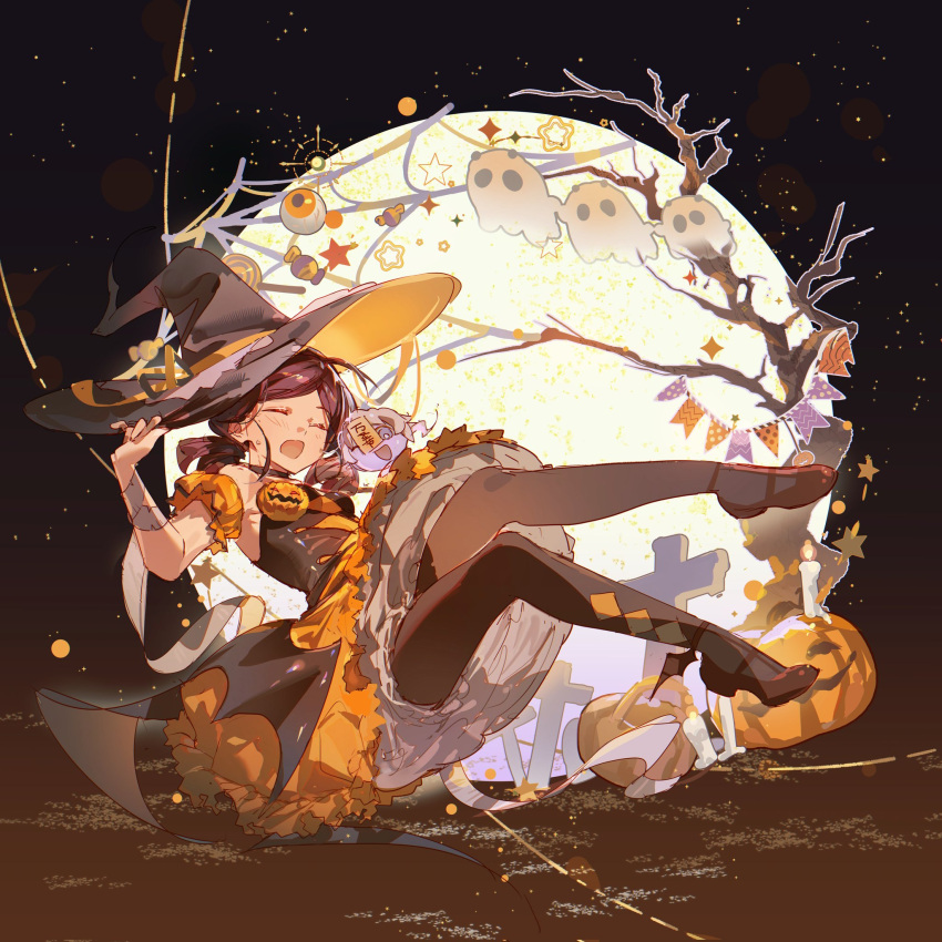 black_thighhighs, blue_skin, closed_eyes, colored_skin, halloween_costume, hat, highres, jiangshi, mui_(undead_unluck), pumpkin, purple_hair, shen_(undead_unluck), shen_xiang, thigh-highs, undead_unluck, white_hair, witch, witch_hat