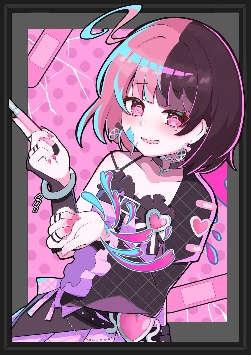 1girl, @_@, absurdres, bandaid, black_choker, black_hair, border, boxcutter, chain, choker, commentary_request, cowboy_shot, dripping_eye, earrings, haishin_shoujo_no_uraaka_meikyuu, heart, heart_o-ring, highres, holding, holding_boxcutter, jewelry, looking_at_viewer, mononobe_nekuro, multicolored_hair, nail_polish, o-ring, o-ring_choker, open_mouth, pink_background, pink_eyes, pink_hair, pink_nails, pink_shirt, pleated_skirt, ring, saike_liel, shirt, short_hair, skirt, smile, solo, split-color_hair, tearing_up, two-tone_hair