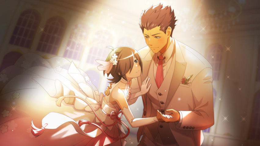 1boy, 1girl, anime_coloring, ballroom, bare_shoulders, black_hair, blue_eyes, braid