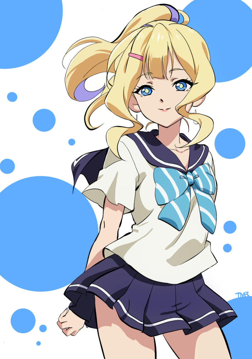 1girl, anime_coloring, aqua_bow, aqua_bowtie, blonde_hair, blue_eyes, bow, bowtie