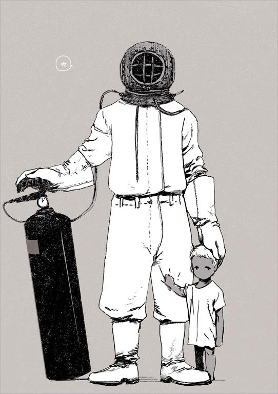 2boys, boots, child, commentary_request, diving_helmet, diving_suit, full_body, gloves
