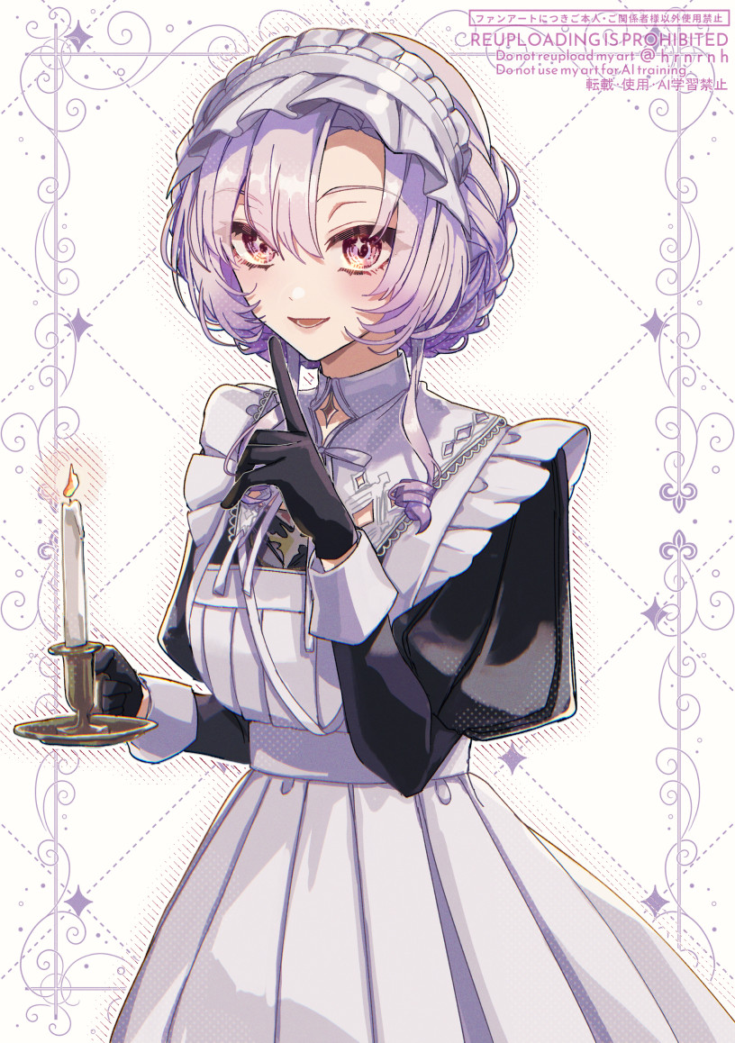 1girl, apron, black_gloves, candle, dress, gloves, hair_between_eyes, haruna_(hrnrnh)