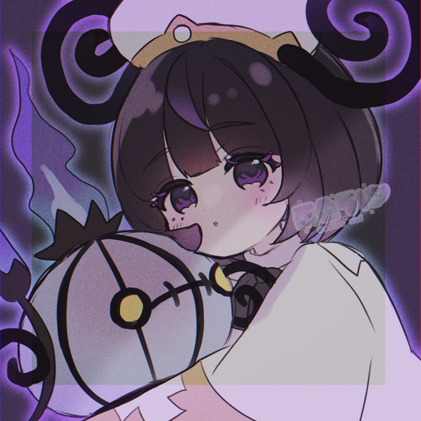 1girl, black_hair, bob_cut, chandelure, coat, commentary_request, eyelashes, from_side