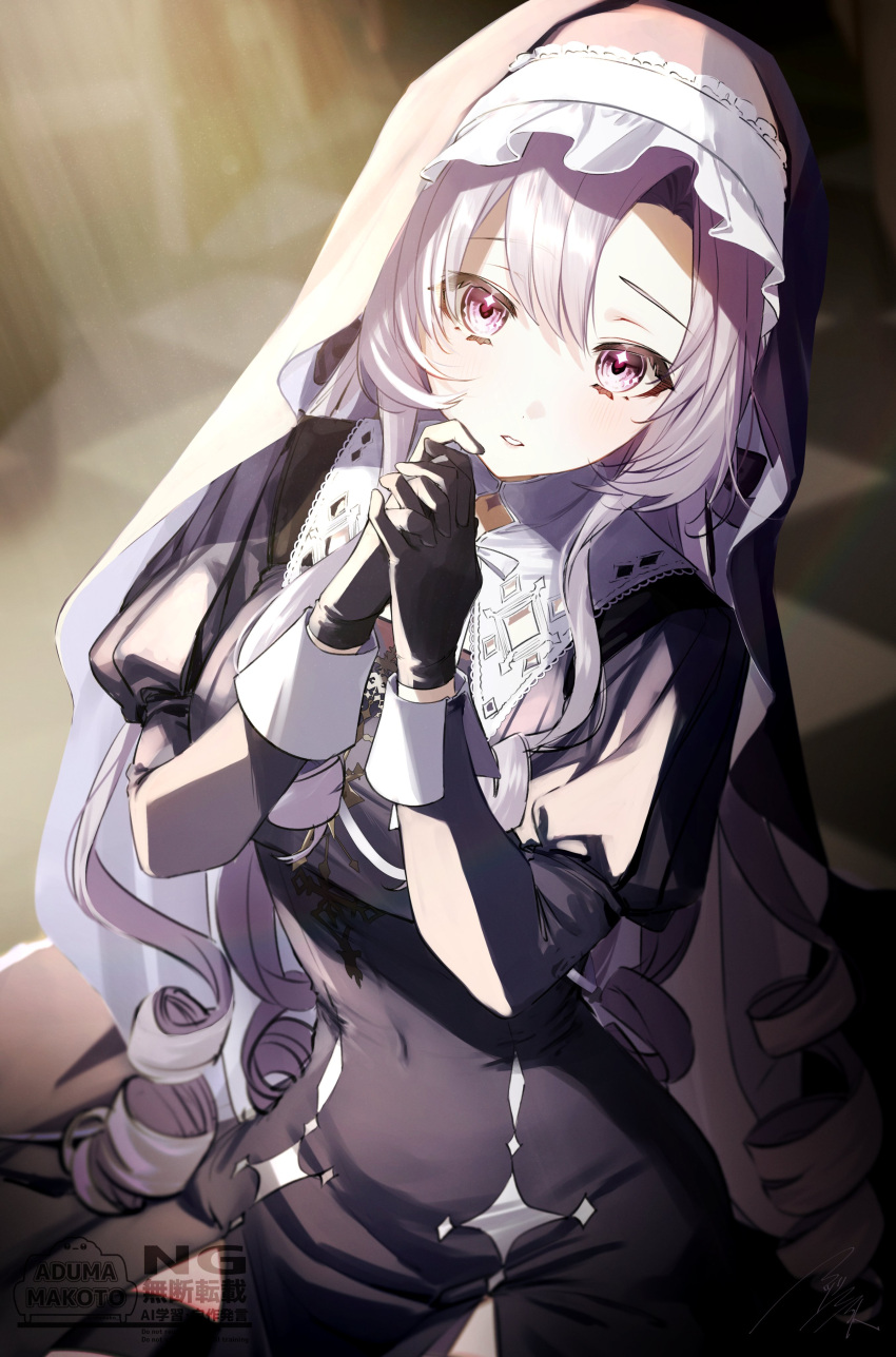 1girl, absurdres, asazuke25, black_dress, black_gloves, black_veil, blurry, blurry_background