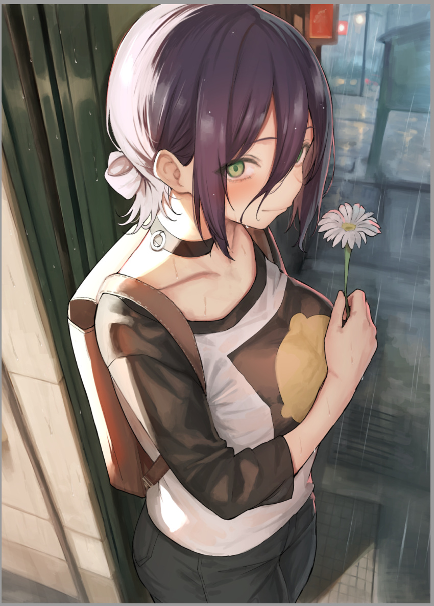 1girl, b-ginga, backpack, bag, black_choker, black_hair, black_shirt, breasts