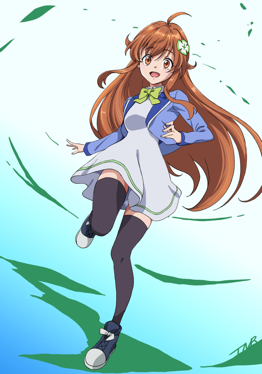 1girl, ahoge, amamiya_mimori, black_thighhighs, blazer, blue_jacket, bow, bowtie, brown_eyes, brown_hair, clover_hair_ornament, dress, green_bow, green_bowtie, hair_ornament, highres, jacket, long_hair, open_clothes, open_jacket, open_mouth, shadowverse, shadowverse_(animated_series), shadowverse_(anime), shoes, solo, standing, standing_on_one_leg, thigh-highs, tmr_msho, white_dress
