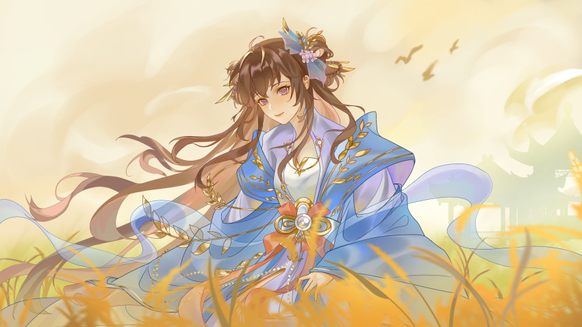 1girl, absurdres, ahoge, architecture, bai_ruier, bird, blue_bow, blue_shawl